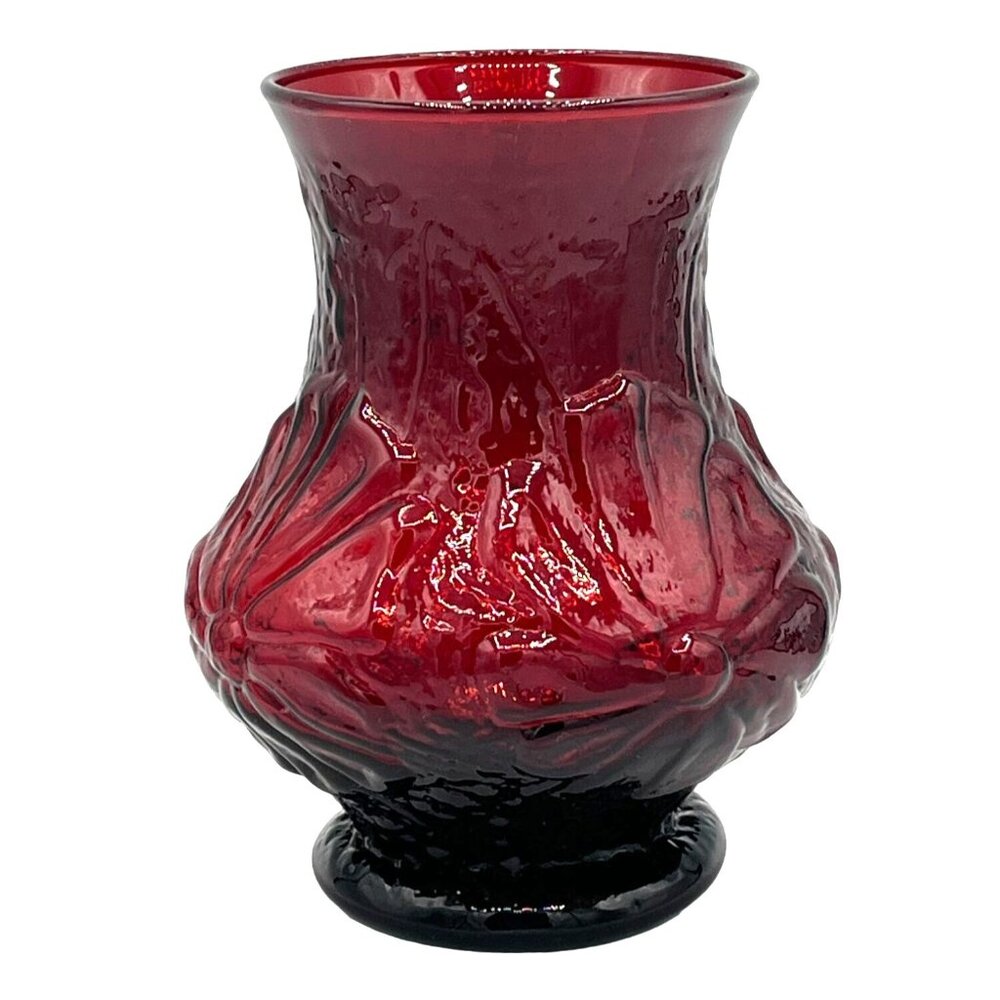 Vintage Anchor Hocking Ruby Red Glass Vase 5 1/4" Tall Floral Design Textured